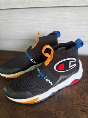 Champion Rally Pro Black Slip-On Sneakers with Blue, Orange and Red Accents